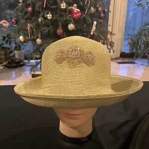 Chic Metallic Gold Women's Hat with Gold Rhinestone Beaded Floral Motif